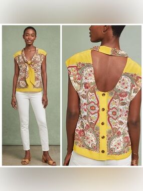 Anthropologie Maeve 100% Silk Yellow Paisley Tie Neck Button Back Top Size 6